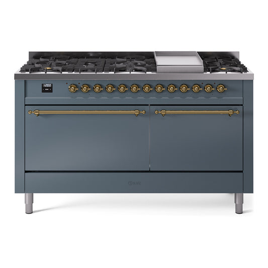 Ilve UP60FQNMPBGGLP Nostalgie Ii 60 Inch Dual Fuel Liquid Propane Freestanding Range In Blue Grey With Brass Trim