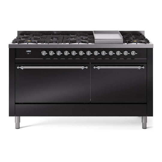 Ilve UP60FQNMPBKC Nostalgie Ii 60 Inch Dual Fuel Natural Gas Freestanding Range In Glossy Black With Chrome Trim