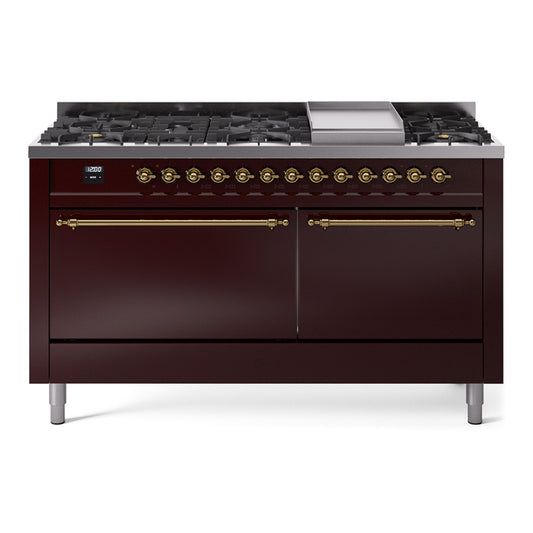 Ilve UP60FQNMPBUGLP Nostalgie Ii 60 Inch Dual Fuel Liquid Propane Freestanding Range In Burgundy With Brass Trim