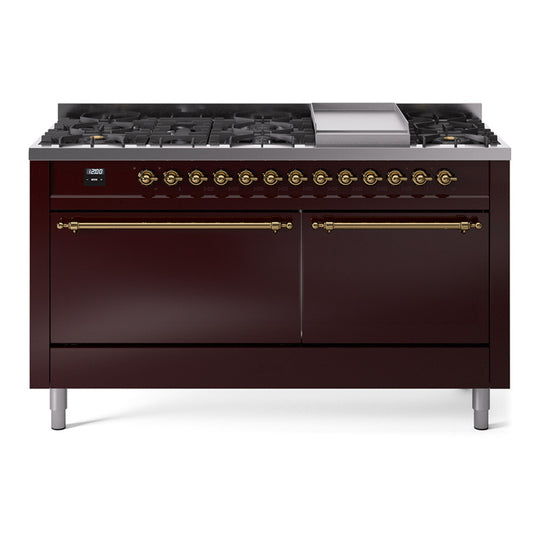 Ilve UP60FQNMPBUG Nostalgie Ii 60 Inch Dual Fuel Natural Gas Freestanding Range In Burgundy With Brass Trim