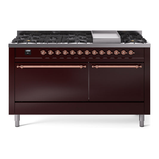 Ilve UP60FQNMPBUPLP Nostalgie Ii 60 Inch Dual Fuel Liquid Propane Freestanding Range In Burgundy With Copper Trim