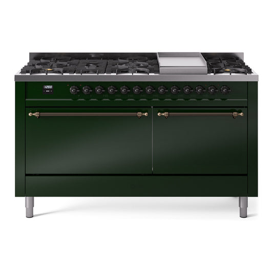 Ilve UP60FQNMPEGBLP Nostalgie Ii 60 Inch Dual Fuel Liquid Propane Freestanding Range In Emerald Green With Bronze Trim