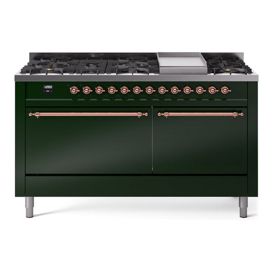 Ilve UP60FQNMPEGPLP Nostalgie Ii 60 Inch Dual Fuel Liquid Propane Freestanding Range In Emerald Green With Copper Trim
