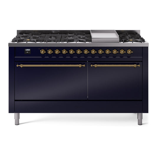 Ilve UP60FQNMPMBGLP Nostalgie Ii 60 Inch Dual Fuel Liquid Propane Freestanding Range In Blue With Brass Trim