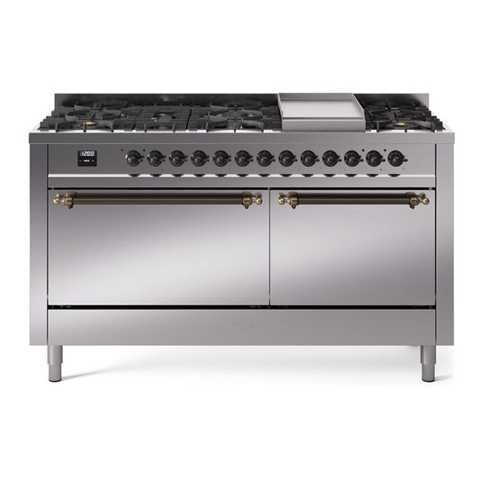 Ilve UP60FQNMPSSBLP Nostalgie Ii 60 Inch Dual Fuel Liquid Propane Freestanding Range In Stainless Steel With Bronze Trim