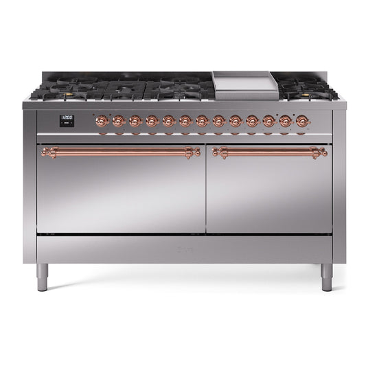 Ilve UP60FQNMPSSPLP Nostalgie Ii 60 Inch Dual Fuel Liquid Propane Freestanding Range In Stainless Steel With Copper Trim
