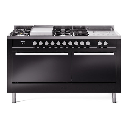 Ilve UP60FSQMPBKLP Professional Plus Ii 60 Inch Dual Fuel Liquid Propane Freestanding Range In Black With Trim