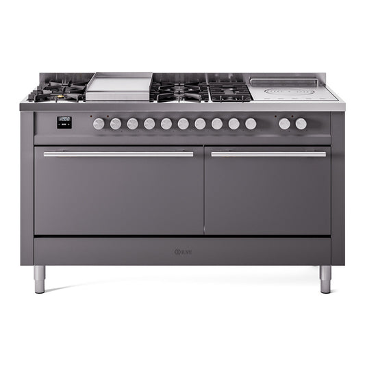 Ilve UP60FSQMPMGLP Professional Plus Ii 60 Inch Dual Fuel Liquid Propane Freestanding Range In Matte Graphite With Trim