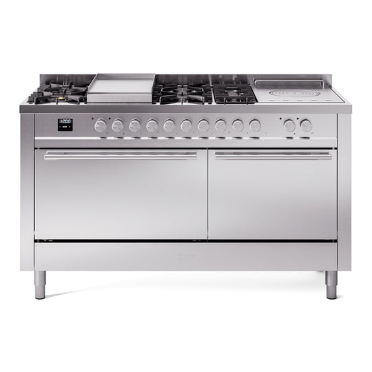 Ilve UP60FSQMPSSLP Professional Plus Ii 60 Inch Dual Fuel Liquid Propane Freestanding Range In Stainless Steel With Trim