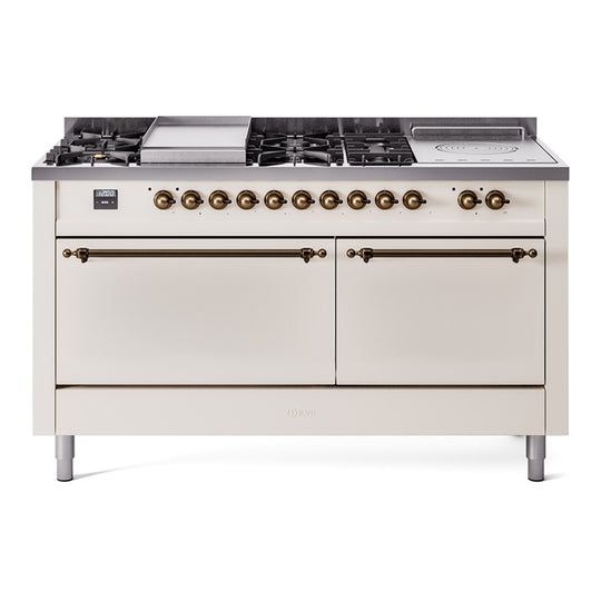 Ilve UP60FSQNMPAWBLP Nostalgie Ii 60 Inch Dual Fuel Liquid Propane Freestanding Range In Antique White With Bronze Trim