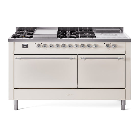 Ilve UP60FSQNMPAWCLP Nostalgie Ii 60 Inch Dual Fuel Liquid Propane Freestanding Range In Antique White With Chrome Trim