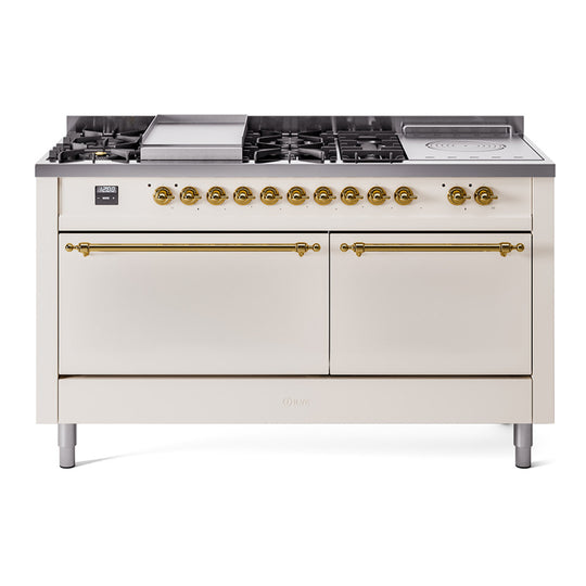 Ilve UP60FSQNMPAWGLP Nostalgie Ii 60 Inch Dual Fuel Liquid Propane Freestanding Range In Antique White With Brass Trim