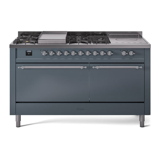 Ilve UP60FSQNMPBGCLP Nostalgie Ii 60 Inch Dual Fuel Liquid Propane Freestanding Range In Blue Grey With Chrome Trim