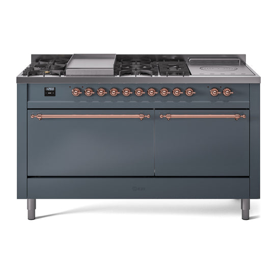 Ilve UP60FSQNMPBGPLP Nostalgie Ii 60 Inch Dual Fuel Liquid Propane Freestanding Range In Blue Grey With Copper Trim