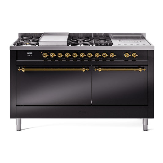 Ilve UP60FSQNMPBKGLP Nostalgie Ii 60 Inch Dual Fuel Liquid Propane Freestanding Range In Glossy Black With Brass Trim