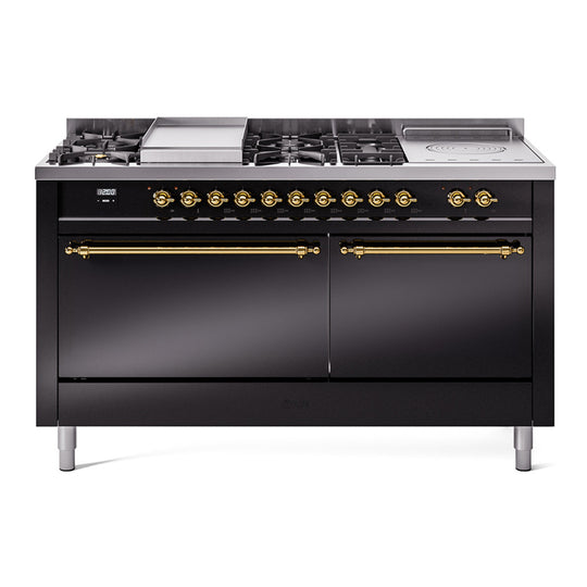 Ilve UP60FSQNMPBKGLP Nostalgie Ii 60 Inch Dual Fuel Liquid Propane Freestanding Range In Glossy Black With Brass Trim