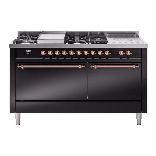 Ilve UP60FSQNMPBKPLP Nostalgie Ii 60 Inch Dual Fuel Liquid Propane Freestanding Range In Glossy Black With Copper Trim