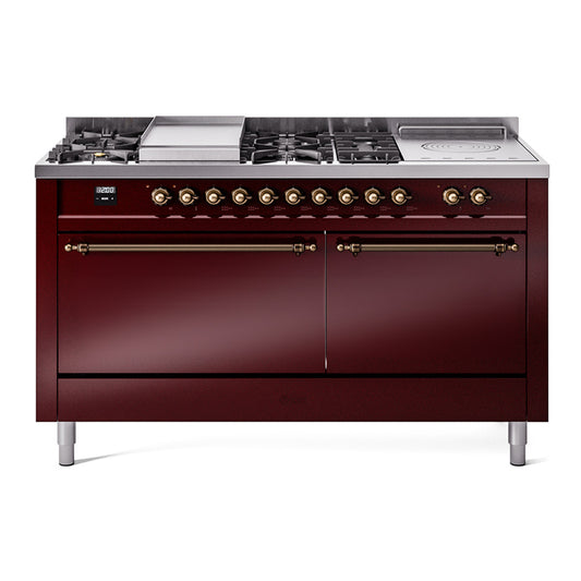 Ilve UP60FSQNMPBUBLP Nostalgie Ii 60 Inch Dual Fuel Liquid Propane Freestanding Range In Burgundy With Bronze Trim