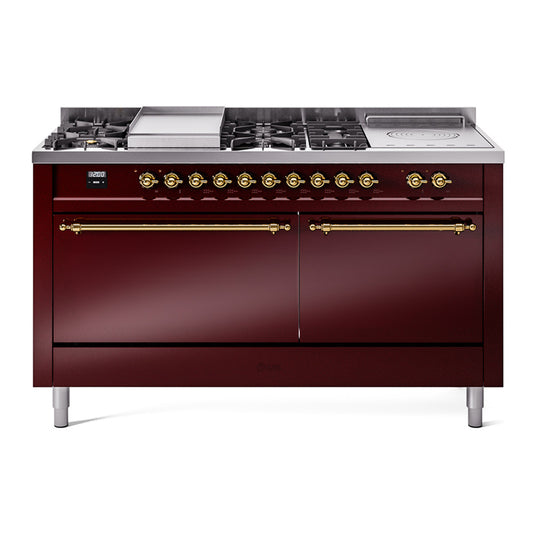 Ilve UP60FSQNMPBUGLP Nostalgie Ii 60 Inch Dual Fuel Liquid Propane Freestanding Range In Burgundy With Brass Trim