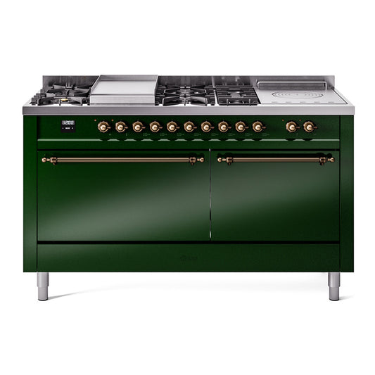 Ilve UP60FSQNMPEGBLP Nostalgie Ii 60 Inch Dual Fuel Liquid Propane Freestanding Range In Emerald Green With Bronze Trim