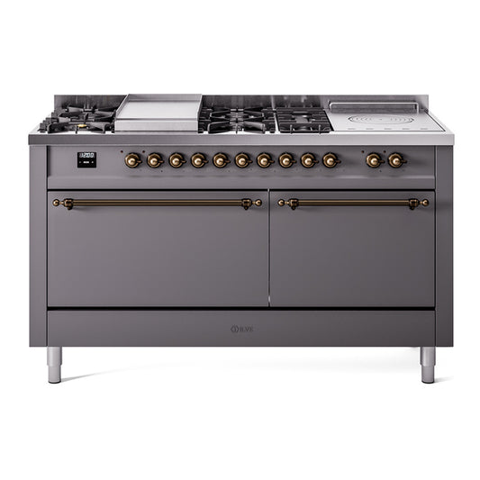 Ilve UP60FSQNMPMGBLP Nostalgie Ii 60 Inch Dual Fuel Liquid Propane Freestanding Range In Matte Graphite With Bronze Trim