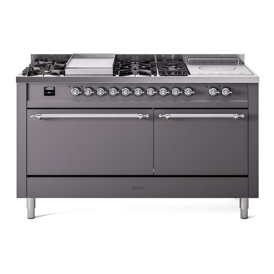 Ilve UP60FSQNMPMGCLP Nostalgie Ii 60 Inch Dual Fuel Liquid Propane Freestanding Range In Matte Graphite With Chrome Trim