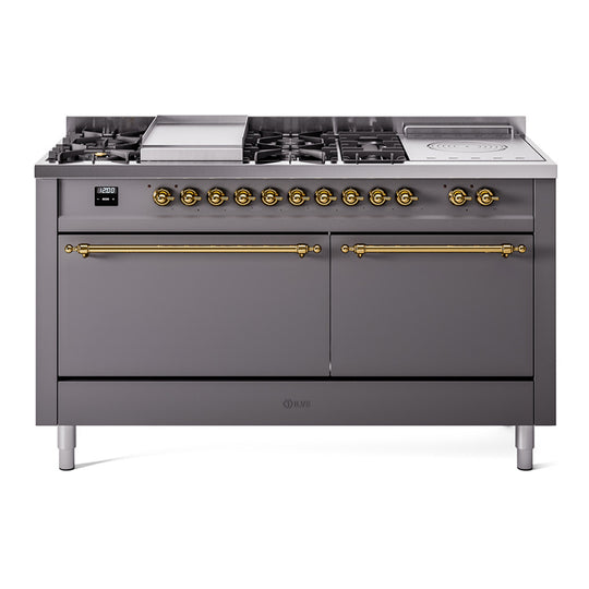 Ilve UP60FSQNMPMGGLP Nostalgie Ii 60 Inch Dual Fuel Liquid Propane Freestanding Range In Matte Graphite With Brass Trim