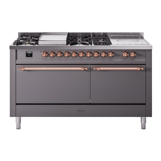 Ilve UP60FSQNMPMGPLP Nostalgie Ii 60 Inch Dual Fuel Liquid Propane Freestanding Range In Matte Graphite With Copper Trim