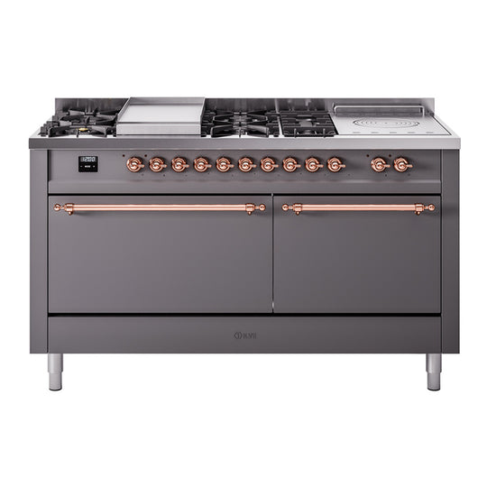Ilve UP60FSQNMPMGPLP Nostalgie Ii 60 Inch Dual Fuel Liquid Propane Freestanding Range In Matte Graphite With Copper Trim