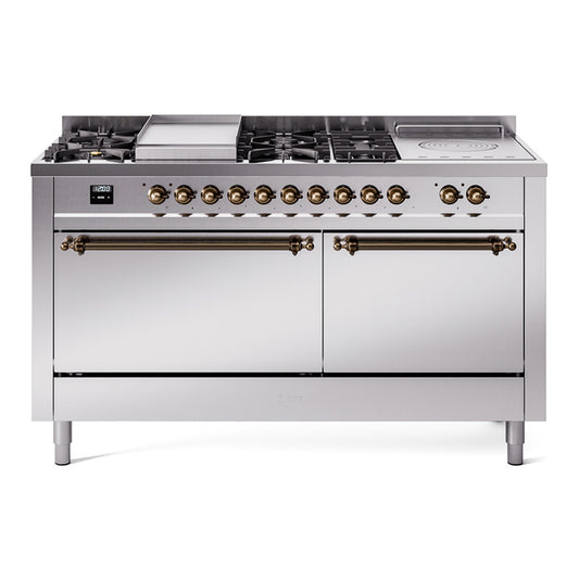 Ilve UP60FSQNMPSSBLP Nostalgie Ii 60 Inch Dual Fuel Liquid Propane Freestanding Range In Stainless Steel With Bronze Trim