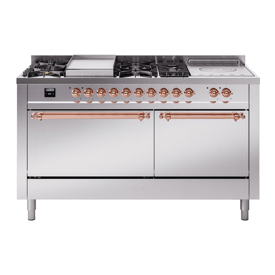 Ilve UP60FSQNMPSSPLP Nostalgie Ii 60 Inch Dual Fuel Liquid Propane Freestanding Range In Stainless Steel With Copper Trim