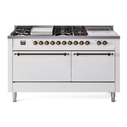 Ilve UP60FSQNMPWHBLP Nostalgie Ii 60 Inch Dual Fuel Liquid Propane Freestanding Range In White With Bronze Trim