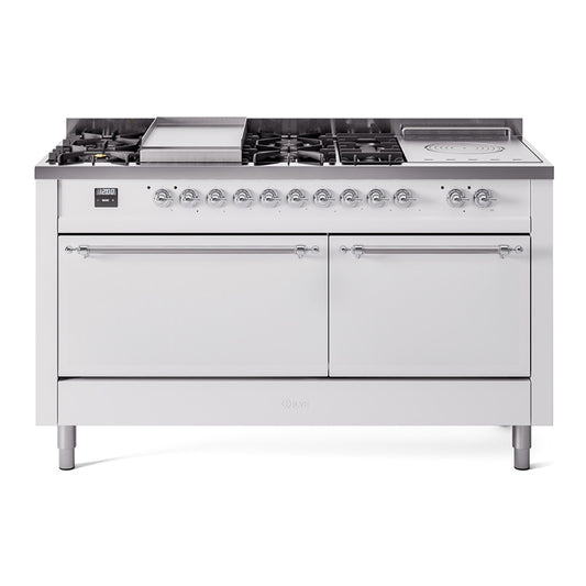 Ilve UP60FSQNMPWHCLP Nostalgie Ii 60 Inch Dual Fuel Liquid Propane Freestanding Range In White With Chrome Trim