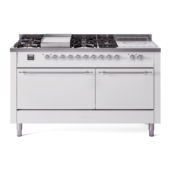Ilve UP60FSQNMPWHCLP Nostalgie Ii 60 Inch Dual Fuel Liquid Propane Freestanding Range In White With Chrome Trim