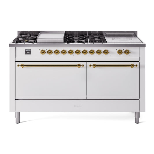 Ilve UP60FSQNMPWHGLP Nostalgie Ii 60 Inch Dual Fuel Liquid Propane Freestanding Range In White With Brass Trim