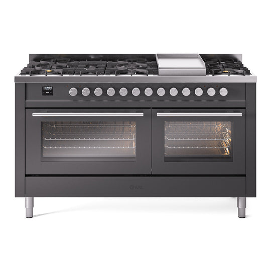 Ilve UP60FWMPMG Professional Plus Ii 60 Inch Dual Fuel Natural Gas Freestanding Range In Matte Graphite With Trim