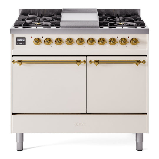 Ilve UPD40FQNMPAWGLP Nostalgie Ii 40 Inch Dual Fuel Liquid Propane Freestanding Range In Antique White With Brass Trim