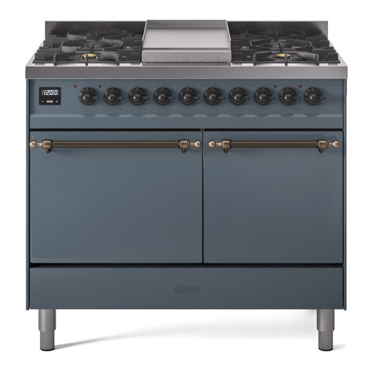 Ilve UPD40FQNMPBGBLP Nostalgie Ii 40 Inch Dual Fuel Liquid Propane Freestanding Range In Blue Grey With Bronze Trim
