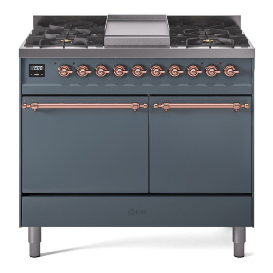 Ilve UPD40FQNMPBGP Nostalgie Ii 40 Inch Dual Fuel Natural Gas Freestanding Range In Blue Grey With Copper Trim