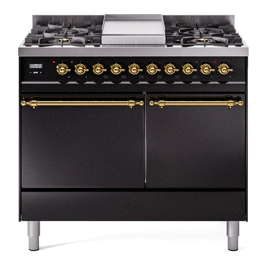 Ilve UPD40FQNMPBKGLP Nostalgie Ii 40 Inch Dual Fuel Liquid Propane Freestanding Range In Glossy Black With Brass Trim