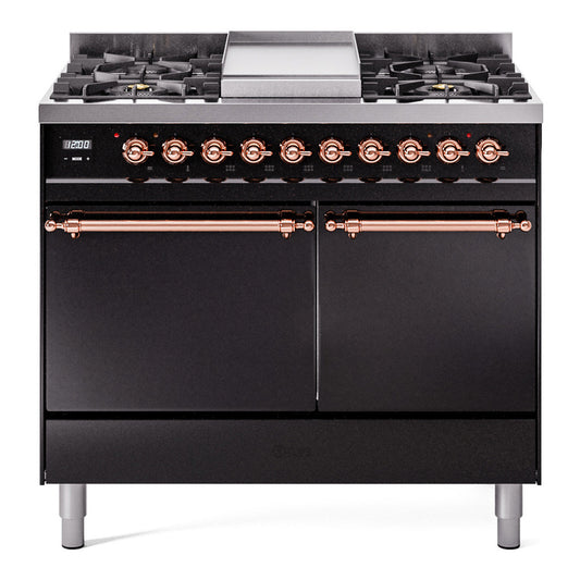 Ilve UPD40FQNMPBKPLP Nostalgie Ii 40 Inch Dual Fuel Liquid Propane Freestanding Range In Glossy Black With Copper Trim