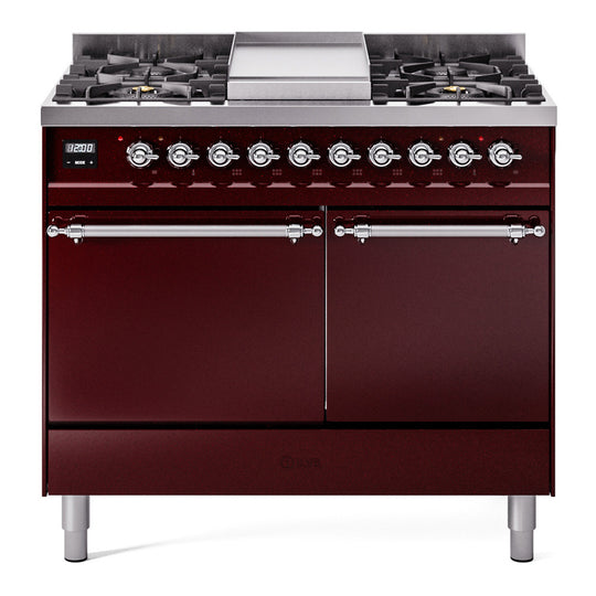 Ilve UPD40FQNMPBUCLP Nostalgie Ii 40 Inch Dual Fuel Liquid Propane Freestanding Range In Burgundy With Chrome Trim