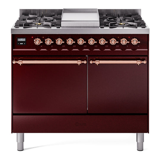 Ilve UPD40FQNMPBUPLP Nostalgie Ii 40 Inch Dual Fuel Liquid Propane Freestanding Range In Burgundy With Copper Trim