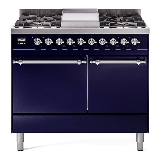 Ilve UPD40FQNMPMBCLP Nostalgie Ii 40 Inch Dual Fuel Liquid Propane Freestanding Range In Blue With Chrome Trim