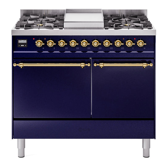 Ilve UPD40FQNMPMBG Nostalgie Ii 40 Inch Dual Fuel Natural Gas Freestanding Range In Blue With Brass Trim