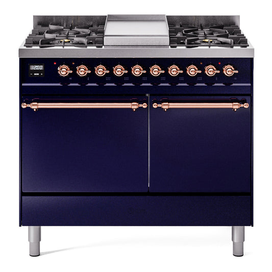 Ilve UPD40FQNMPMBPLP Nostalgie Ii 40 Inch Dual Fuel Liquid Propane Freestanding Range In Blue With Copper Trim