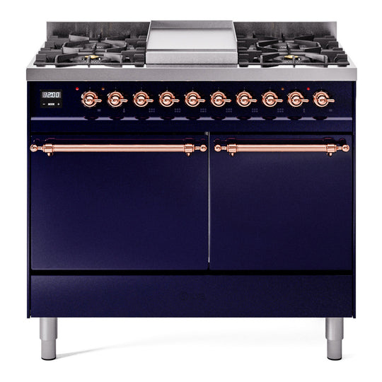 Ilve UPD40FQNMPMBPLP Nostalgie Ii 40 Inch Dual Fuel Liquid Propane Freestanding Range In Blue With Copper Trim
