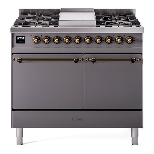 Ilve UPD40FQNMPMGBLP Nostalgie Ii 40 Inch Dual Fuel Liquid Propane Freestanding Range In Matte Graphite With Bronze Trim