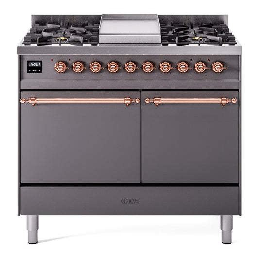Ilve UPD40FQNMPMGPLP Nostalgie Ii 40 Inch Dual Fuel Liquid Propane Freestanding Range In Matte Graphite With Copper Trim