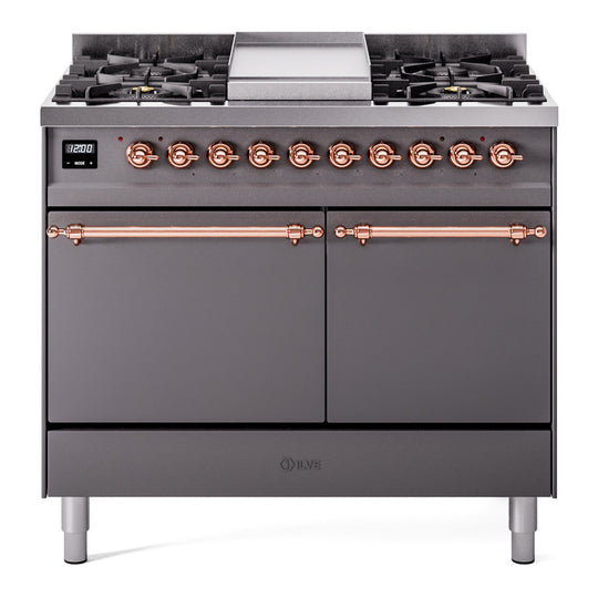 Ilve UPD40FQNMPMGPLP Nostalgie Ii 40 Inch Dual Fuel Liquid Propane Freestanding Range In Matte Graphite With Copper Trim